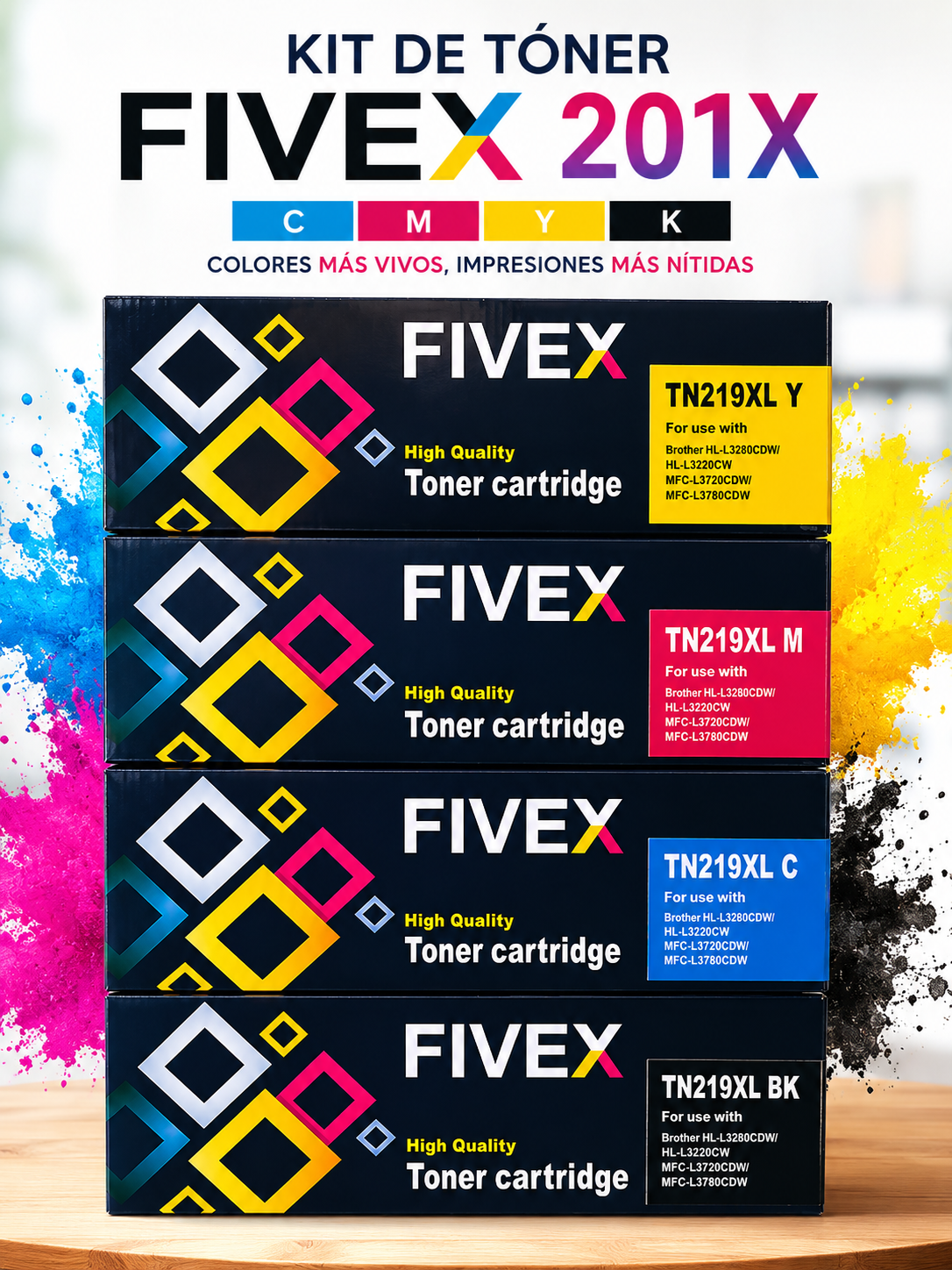 Kit de Tóner Compatible Brother TN-219XL Negro y Colores para L3560CDW / MFC-L3760CDW
