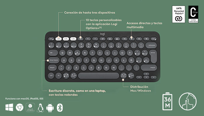 Teclado Logitech Pebble 2 K380s Bluetooth Inalámbrico Graphite (920-011783)
