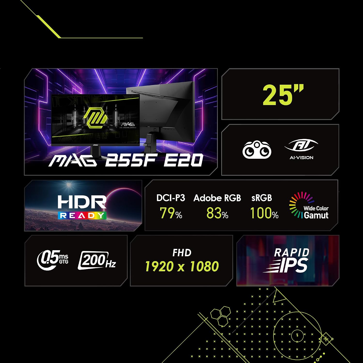 MSI MAG 255F E20 24.5″ FHD 200Hz 0.5ms Rapid IPS | Monitor Gamer