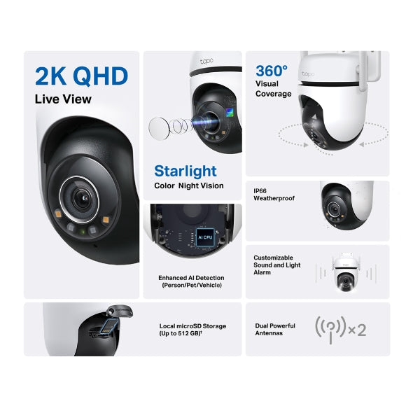 Cámara de Seguridad WiFi TP-Link Tapo C520WS 4MP 2K+ 360° PTZ Exterior IP66 Visión Nocturna a Color