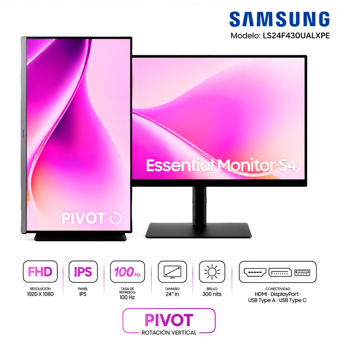 Monitor Samsung LS24F430UALXPE 24″ FHD IPS 100Hz Pivot USB-C
